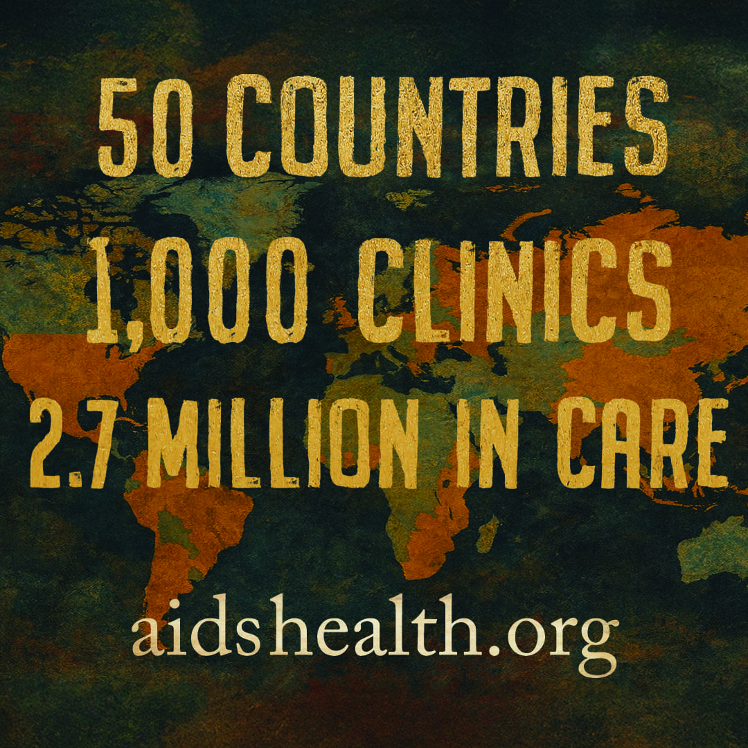 A world map with the text "50 countries 1,000 clinics 2.7 million in care" displayed over it