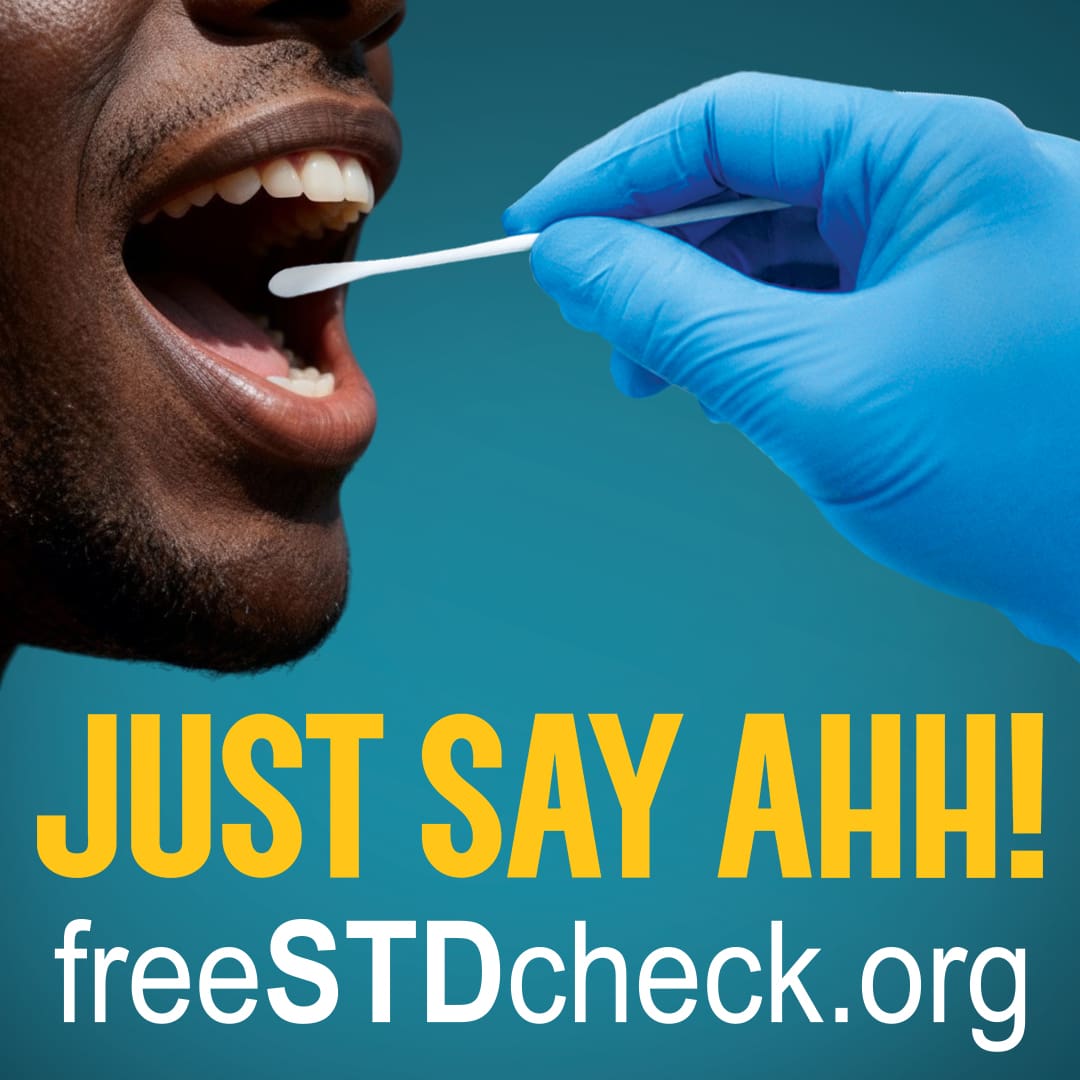 A freestdcheck ad displaying a cotton swab used on a person's mouth with text reading "JUST SAY AH!!!'
