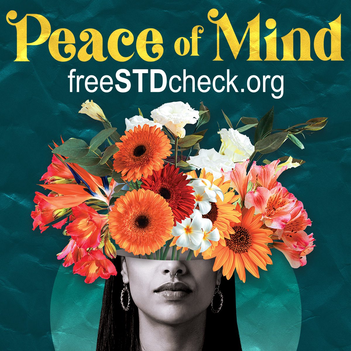 Promotional graphic for freeSTDcheck.org reading “Peace of Mind,” with a black-and-white portrait topped by a vibrant bouquet of flowers.